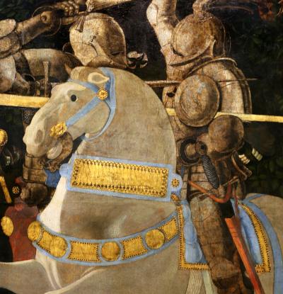 Detail van een ridder met krijgshamer in Paolo Ucello’s, De slag om San Romano (ca. 1438-1440)